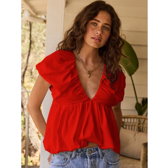 Red Puff Top V-Neck Short Sleeve Tie Back Babydoll Style - Picture 7 of 8